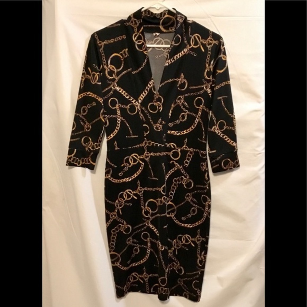 Unbranded Dark Brown Chain Print Long Sleeve Dress